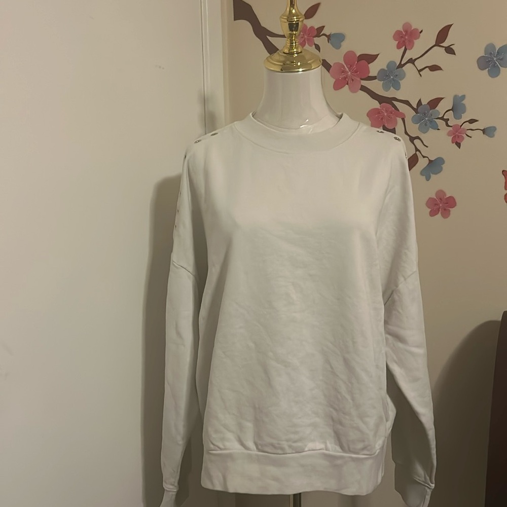 All Saints | White Long Sleeve Crewneck Tee with Open Shoulders Size Small